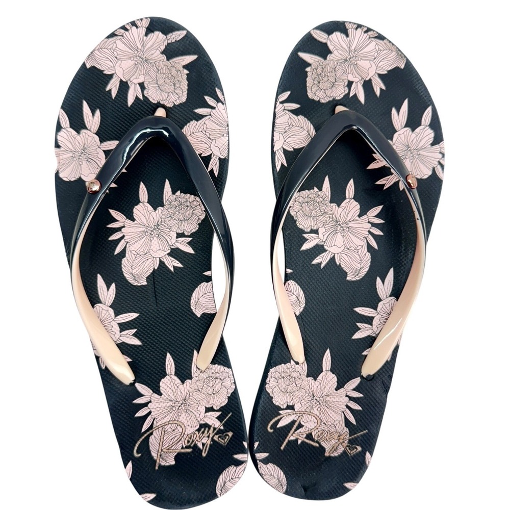 Roxy Women Floral Print Flip Flop Sandals Navy Pink Size 7-8 Summer Beach Thong